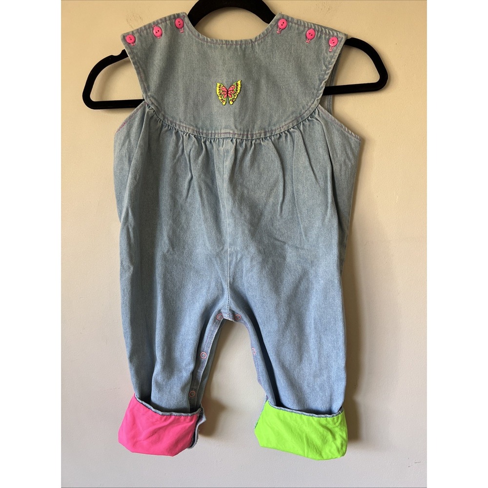 Vintage 90s Y2K Krickets Girl's Denim Bubble Overalls w/ Colored Cuffs Size 24M